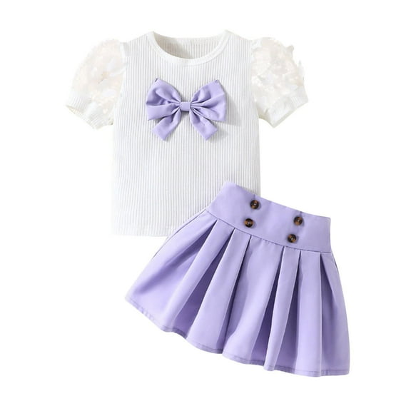 tarylea Toddler Baby Girls Clothes Bowknot Ruffle Short Sleeve Top Pleated a Line Mini Skirts Clothing Sets