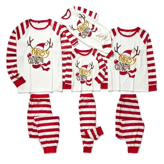 Yuaguia Matching Family Christmas Pajamas Set, Crew Neck Long Sleeve Cute Deer Print Top and Red White Striped Pants, Festive Holiday Sleepwear Loungewear PJs, Baby 9 Months