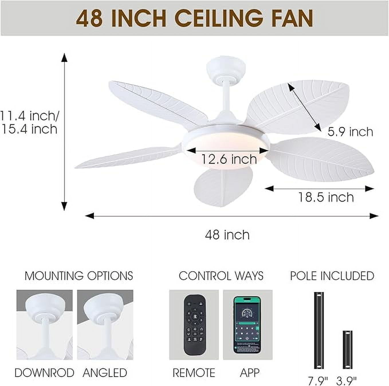 YIOSI 48" Tropical Ceiling Fan with LED Lights, Remote/APP Control, 6 Speeds, Dimmable, Reversible Palm Leaf, Quiet Motor, Adjustable Height, Indoor/Outdoor