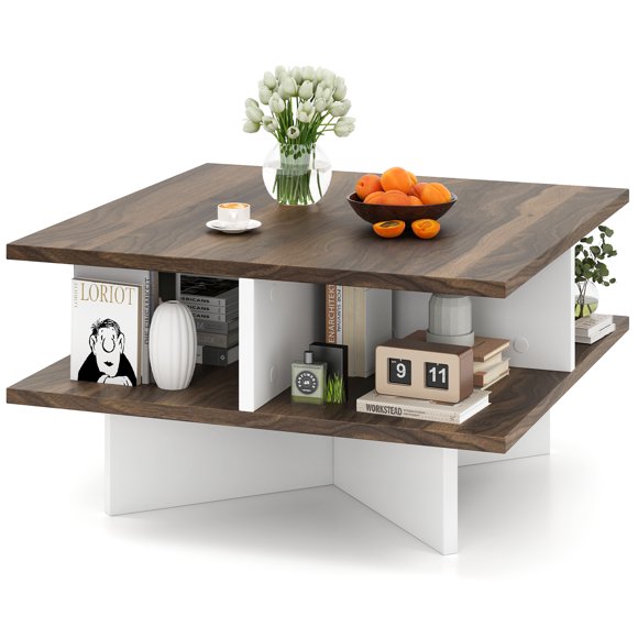Gymax 2-Tier Square Coffee Table w/ Storage Farmhouse Modern Accent Table Center Table