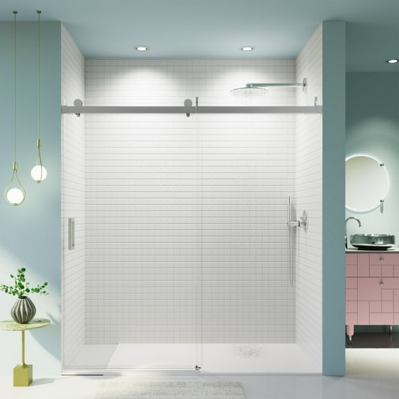2set 68-72" W * 76" H Frameless Single Sliding Soft-Close Shower Doors with Buffer, Reversible Installation, 3/8" (10mm) Thick SGCC Tempered Glass Door, Bathroom Sliding Shower Door, Chrome Finish