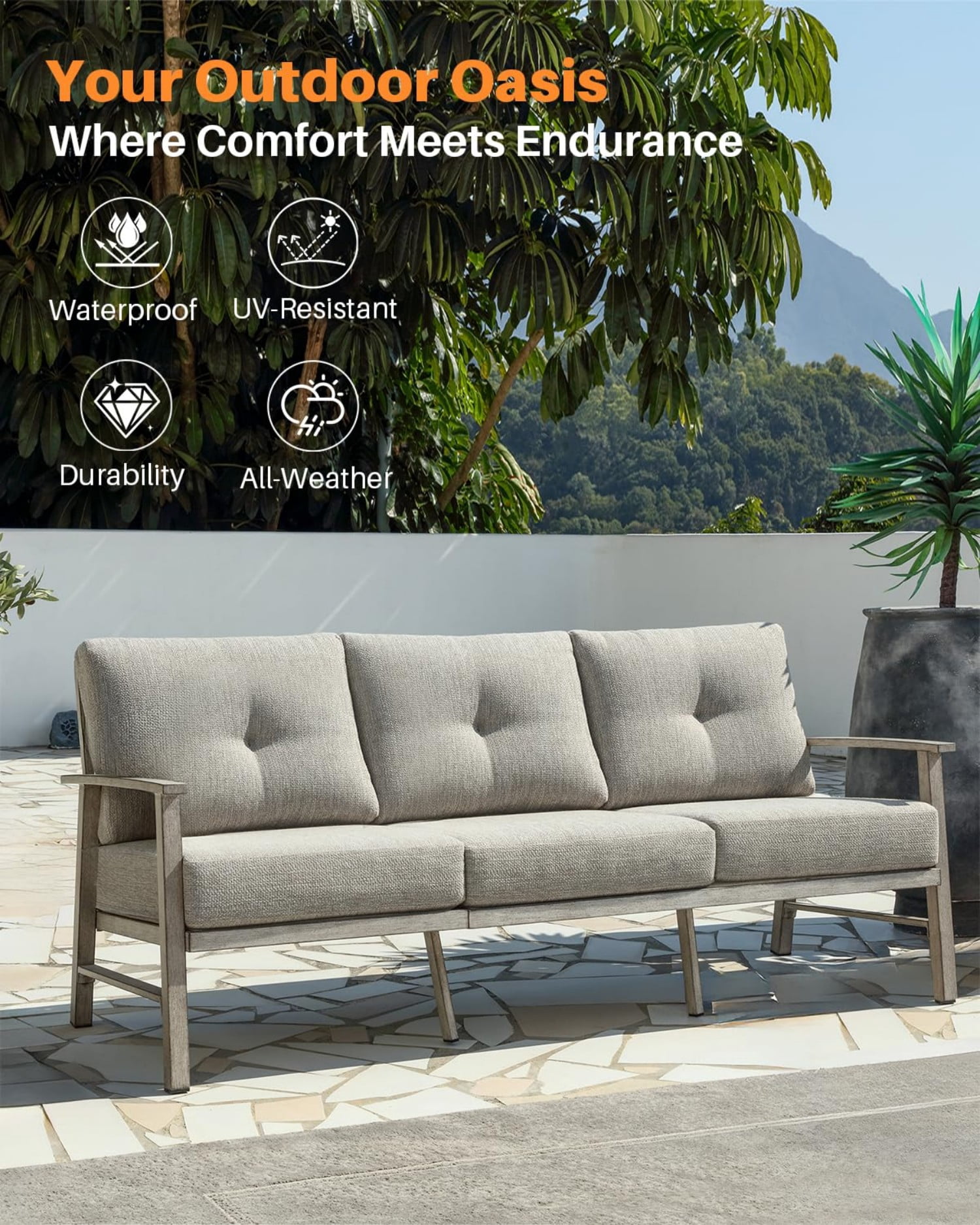 3-Seater Outdoor Patio Sofa, Aluminum Outdoor Couch with 5.9" Thick Cushions, All-Weather Patio Furniture Sofa for Backyard, Balcony, Poolside, Lawn, Silver Gray