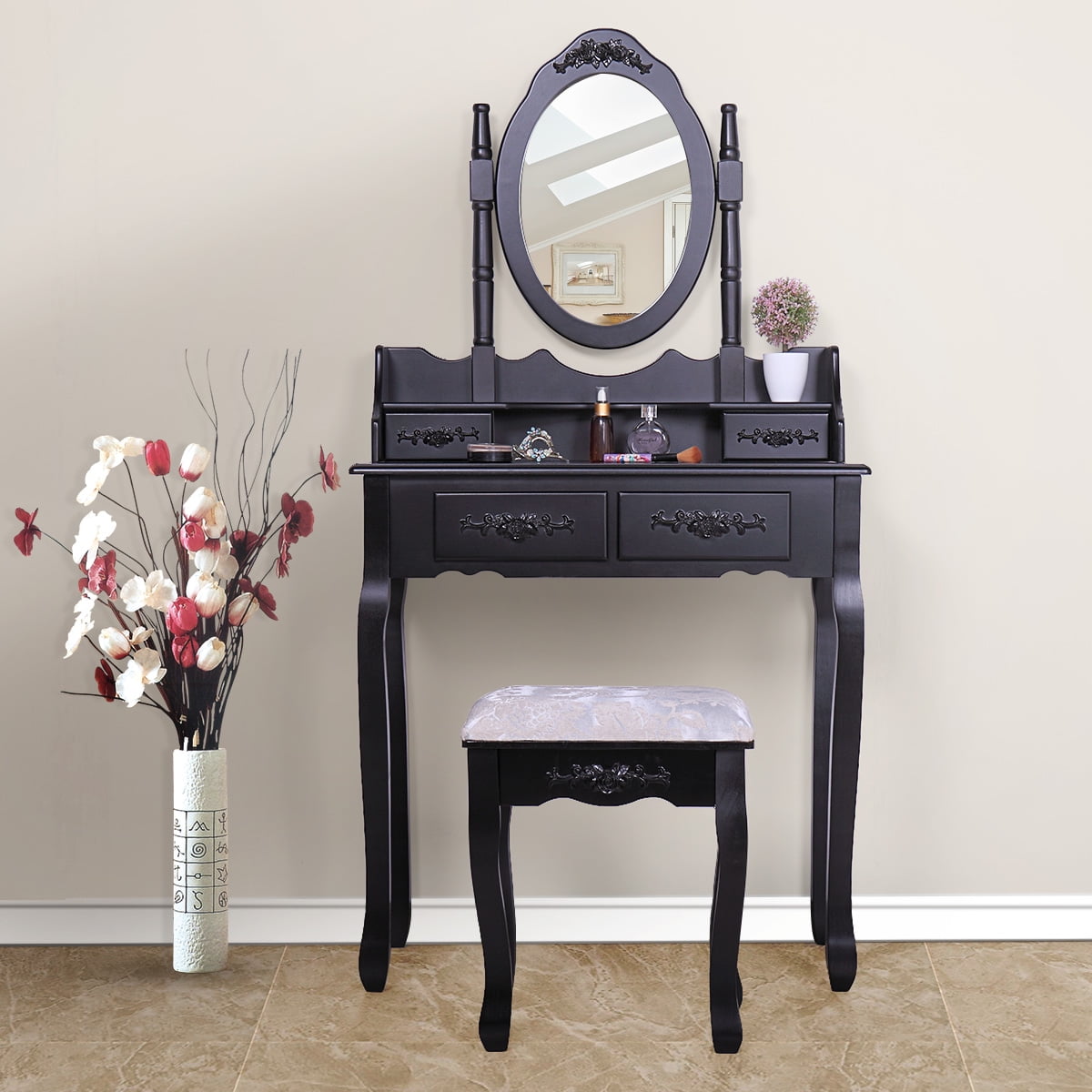 4 Drawers Makeup Dressing Desk with Stool, Vanity Dressing Table Set