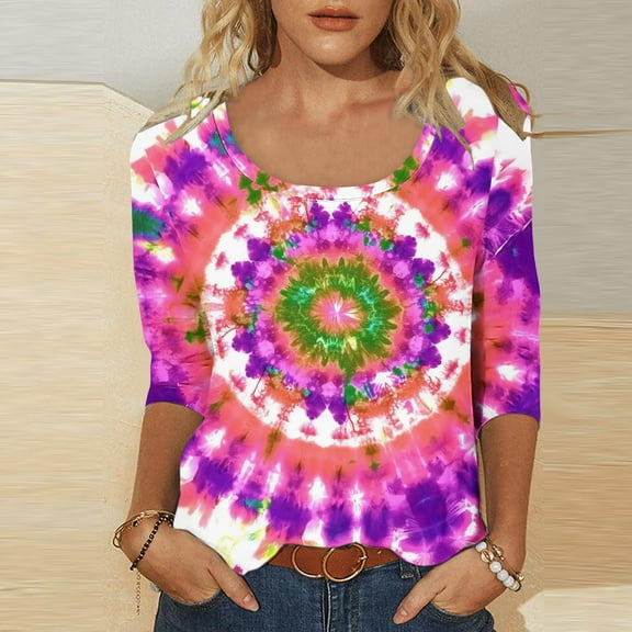 LiMoi Cute T Shirts for Women Trendy Summer 3/4 Sleeve Tops for Women Oversized Tshirts for Women Summer Tie Dye Shirt Women my items ordered