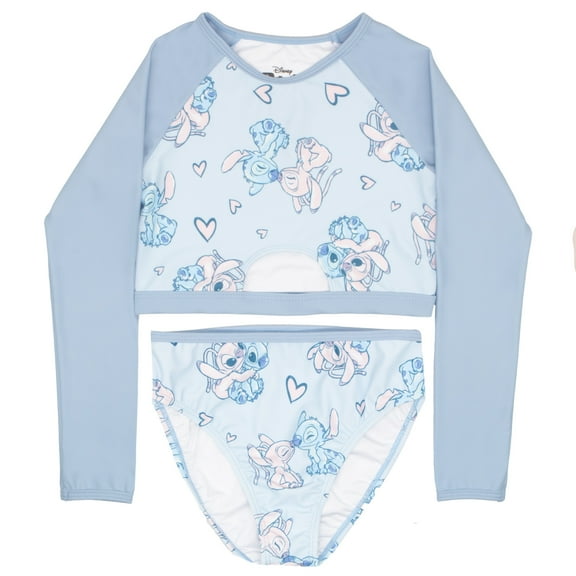Disney Lilo & Stitch Girls 2-Piece Swimsuit Set, Long-Sleeved Rash Guard and Bikini Bottoms, Quick-Drying Swimwear for Kids (Size 4-16)