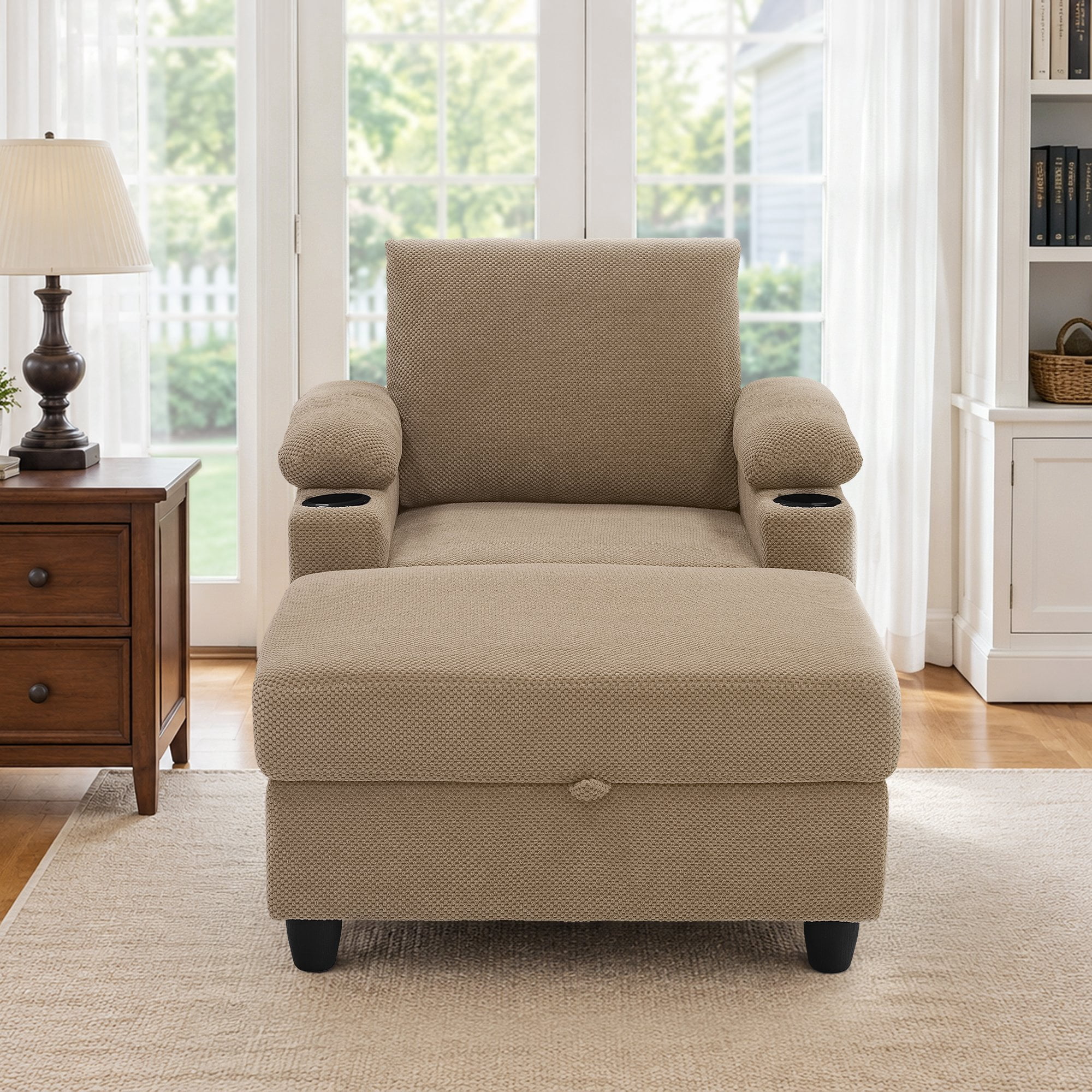 Lunale Accent Chair with Storage Ottoman & Adjustable Backrest, Chaise Lounge Chair Indoor with USB, Living Room Reading Armchair, Camel