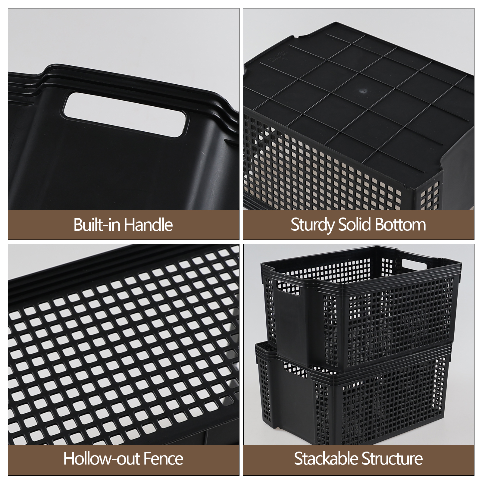 Gloreen 6 Pack Large Plastic Basket for Organizing, Black Stackable Storage Basket