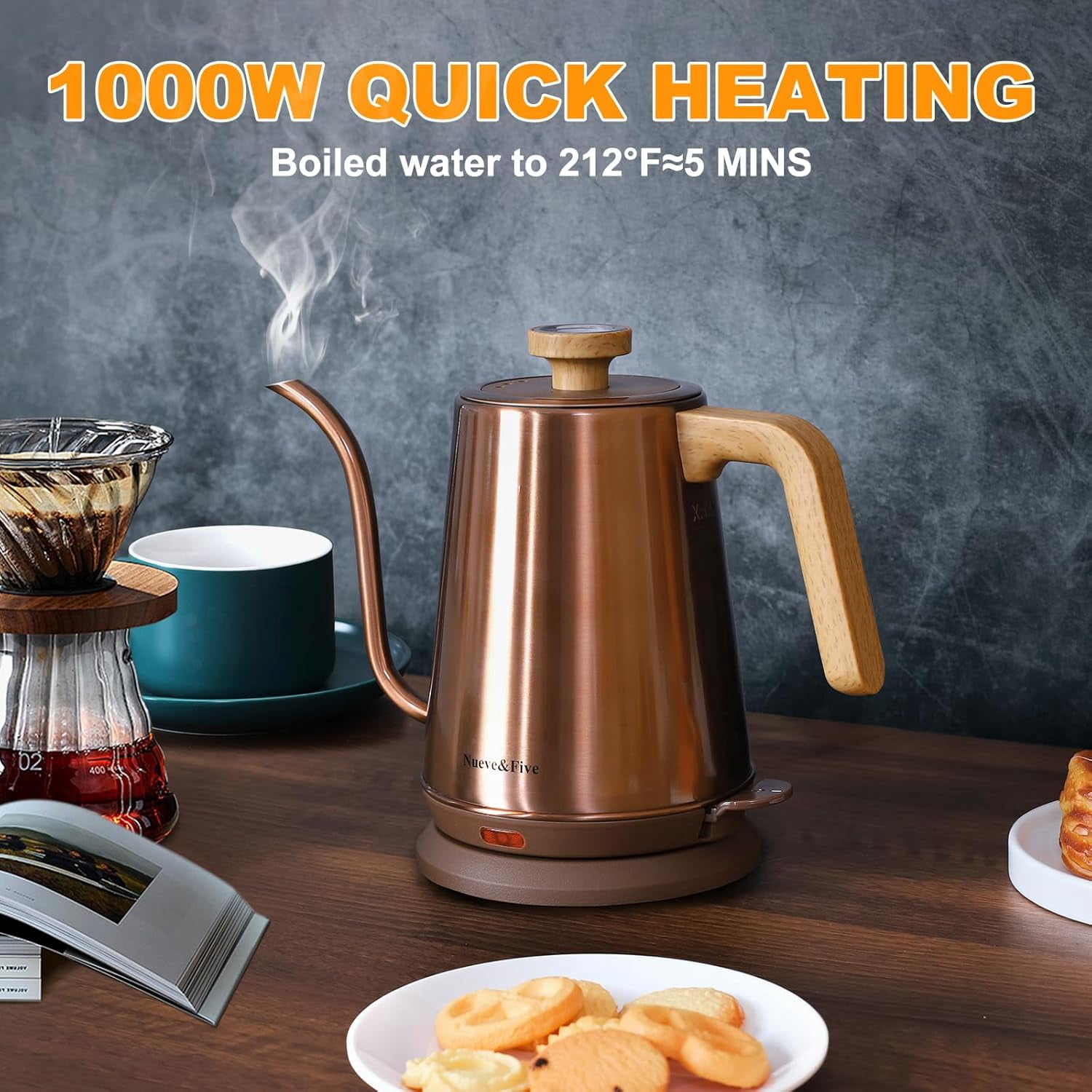 Gooseneck Electric Kettle with Thermometer, Copper Tea Kettle with Auto Shut-Off, 1000W Hot Water Kettle Electric of Stainless Steel