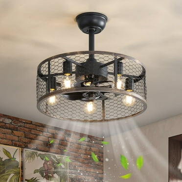 Ganeed Caged Ceiling Fans with Lights and Remote, Farmhouse Ceiling Fan with Light Bladeless, Small Ceiling Fan for Kitchen Bedroom, 19.7 Inch Black Fandelier, Reversible Quiet Motor
