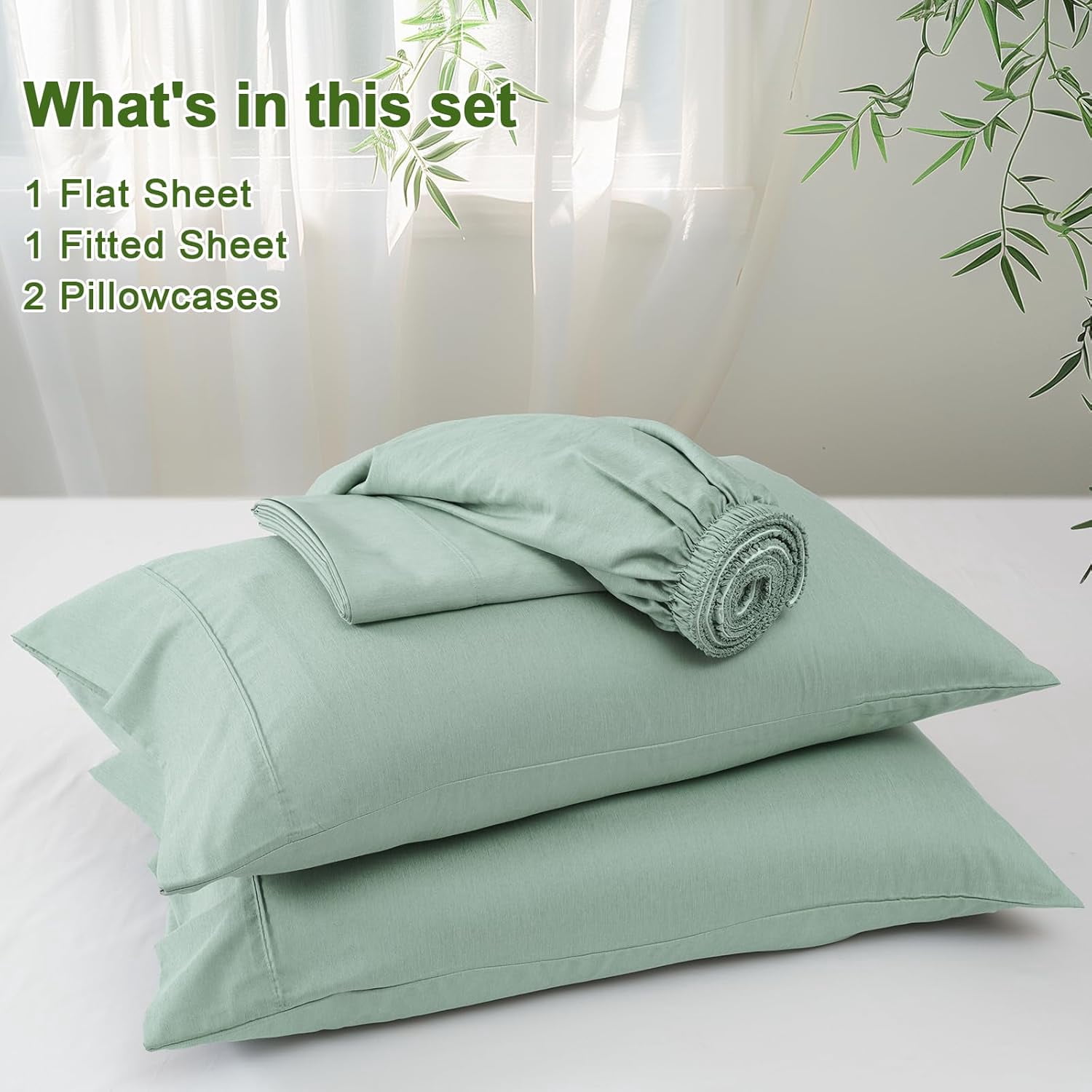 PHF Bamboo Bed Sheet Sets, 4 Pieces King Silky Soft Bedding Sheets, 1800 Thread Count 16 Inch Deep Pockets, Sage Green