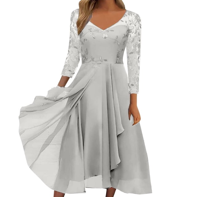 WTXUE Robe à Manches Longues, Robe Longue en Mousseline Patchwork à Col en V Ajourée pour Femme, Robes de Soirée Demoiselle d'Honneur Robe Décontractée, Robe Grande Taille, Robe en Tulle Femme, Robe en Maille, 3# Gris 3TG