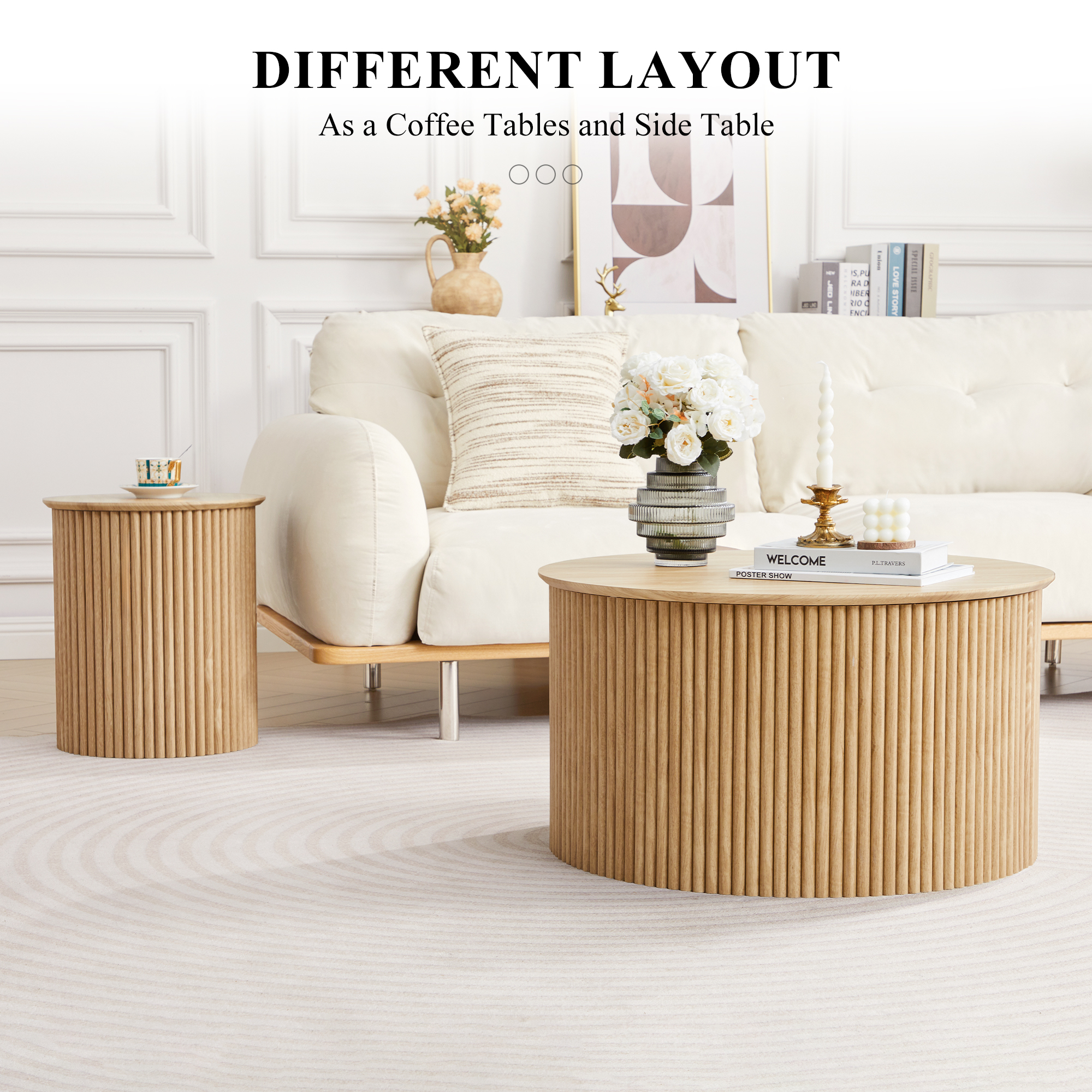 Wirrytor Round Coffee Table Sets 2 Pieces, Wood Fluted Coffee Table with Storage, for Living Room Bedroom, Apartment(Nature)
