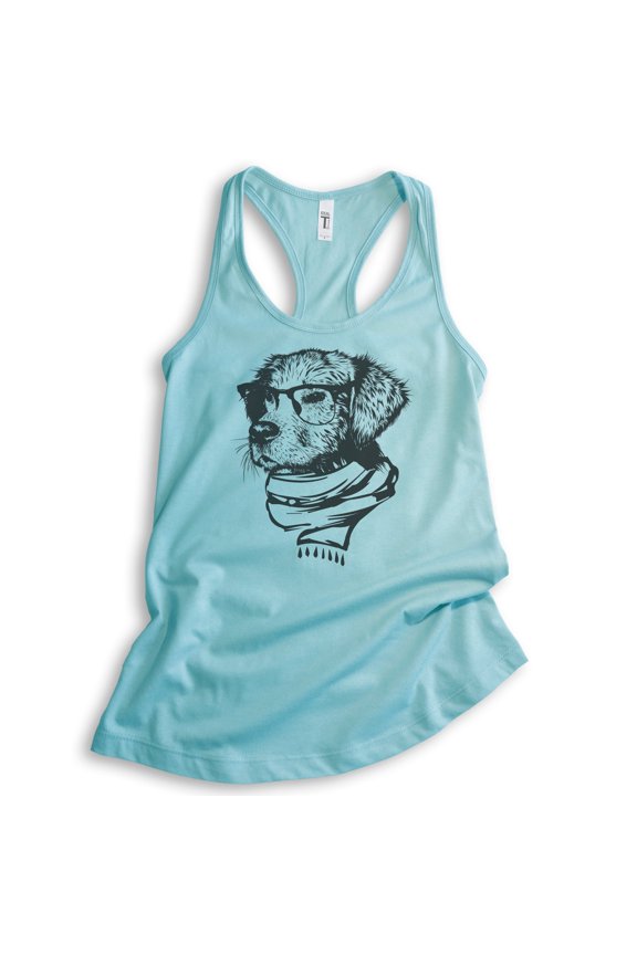 Hipster Dog Tank Top, Ladies Racerback Tank Top, Dog Lover Tank, Dog Tank, Dog Glasses Tank, Dog Nerd Tank, Cancun, Small