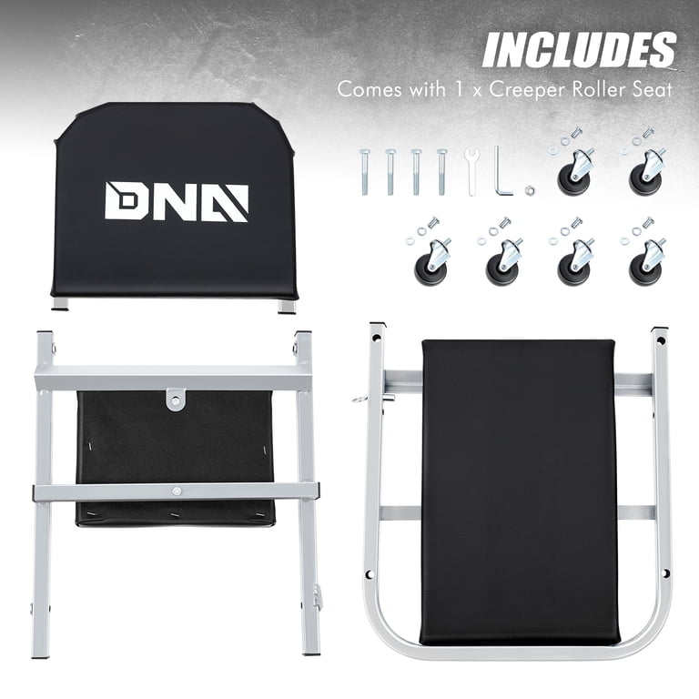 DNA MOTORING 48" Folding Mechanic Creeper/Seat – Padded, 350lb Capacity, Black/Red