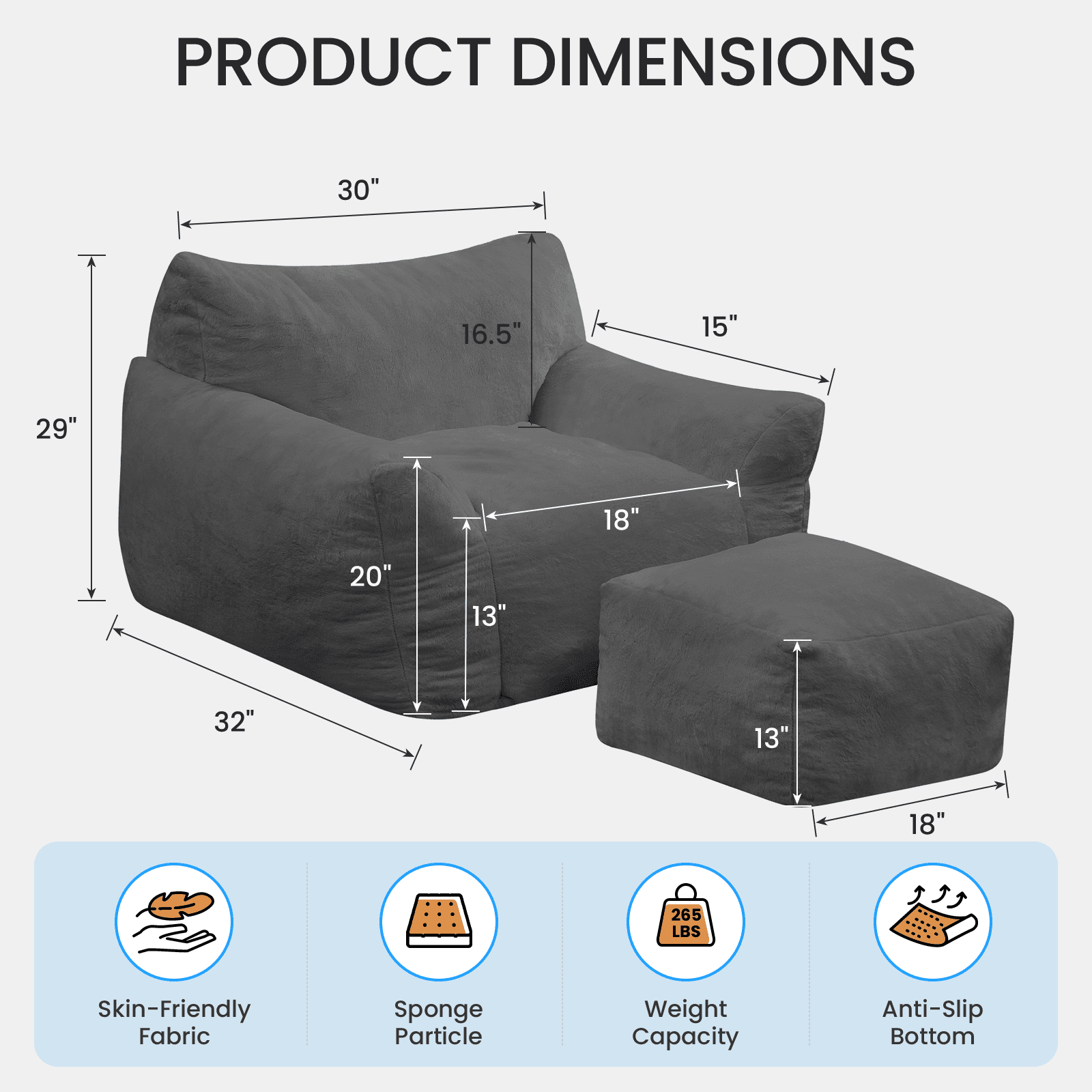 Puremind Bean Bag Chair for Kids and Adults, Oversized Bean Bag Couch with Ottoman, Faux Fur Lazy Sofa Chair for Living Room/Apartment/Bedroom, Light Gray