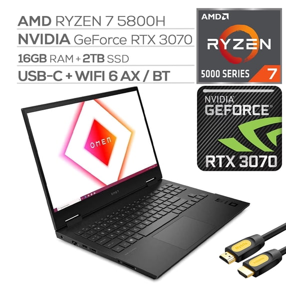 HP OMEN 15 Gaming Laptop, 15.6" 144Hz FHD IPS Display, GeForce RTX 3070, AMD 8-Cores Ryzen 7 5800H 16GB RAM, 2TB PCIe SSD, USB-C, Backlit KB, Wi-Fi 6, HDMI/DP, RJ-45, Mytrix HDMI Cable, Win 10