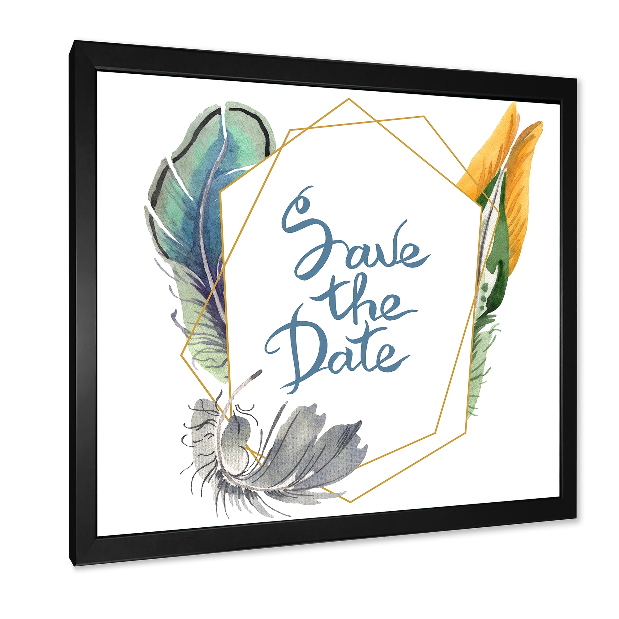 Designart 'Save The Date Bird Blue Feather' Bohemian & Eclectic Framed Art Print