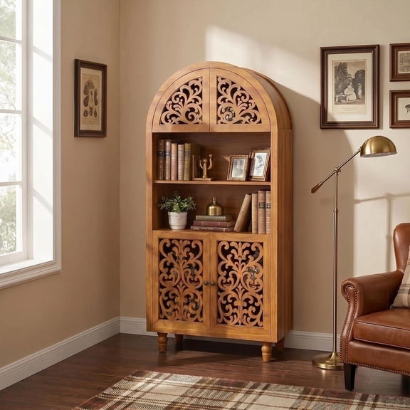 67" Tall Arched Pantry Cabinet, Vintage Wood Storage Cabinet with 2 Carved Door and 5 Shelves