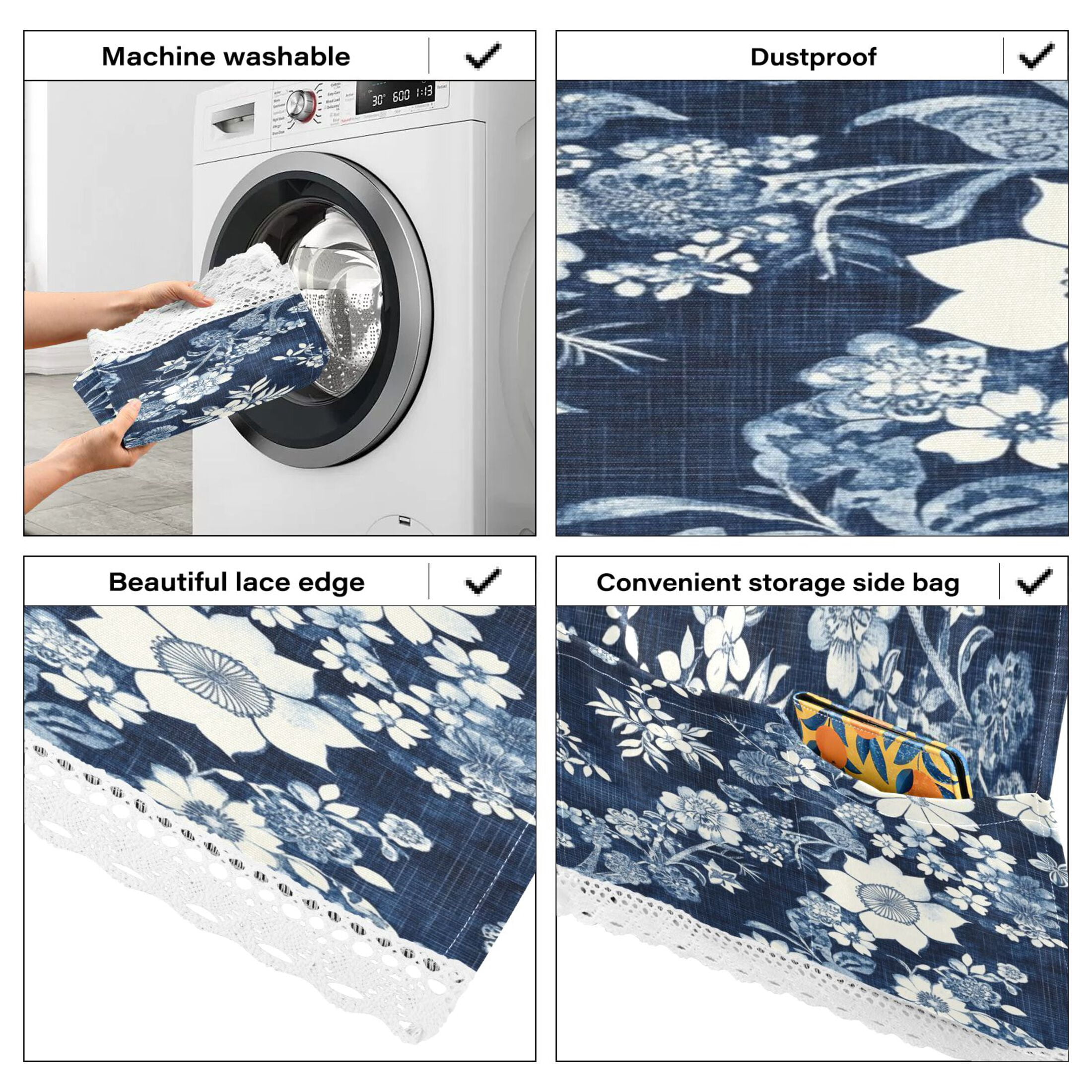 WOBOGO White Vintage Flower in Indigo Blue Washing Machine Cloth Dryer Refrigerator Top Cover Protective Non-Slip Mat For Kitchen Laundry