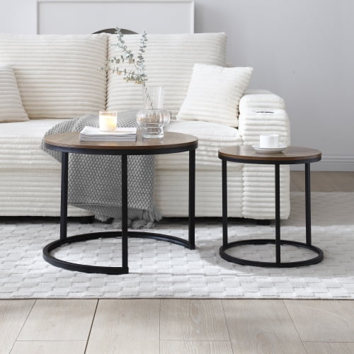 DRNANLIT Set of 2 Nesting Coffee Tables, Round End Side Tables with Sturdy Metal Frame, Modern Industrial for Living Room Bedroom, Walnut Black