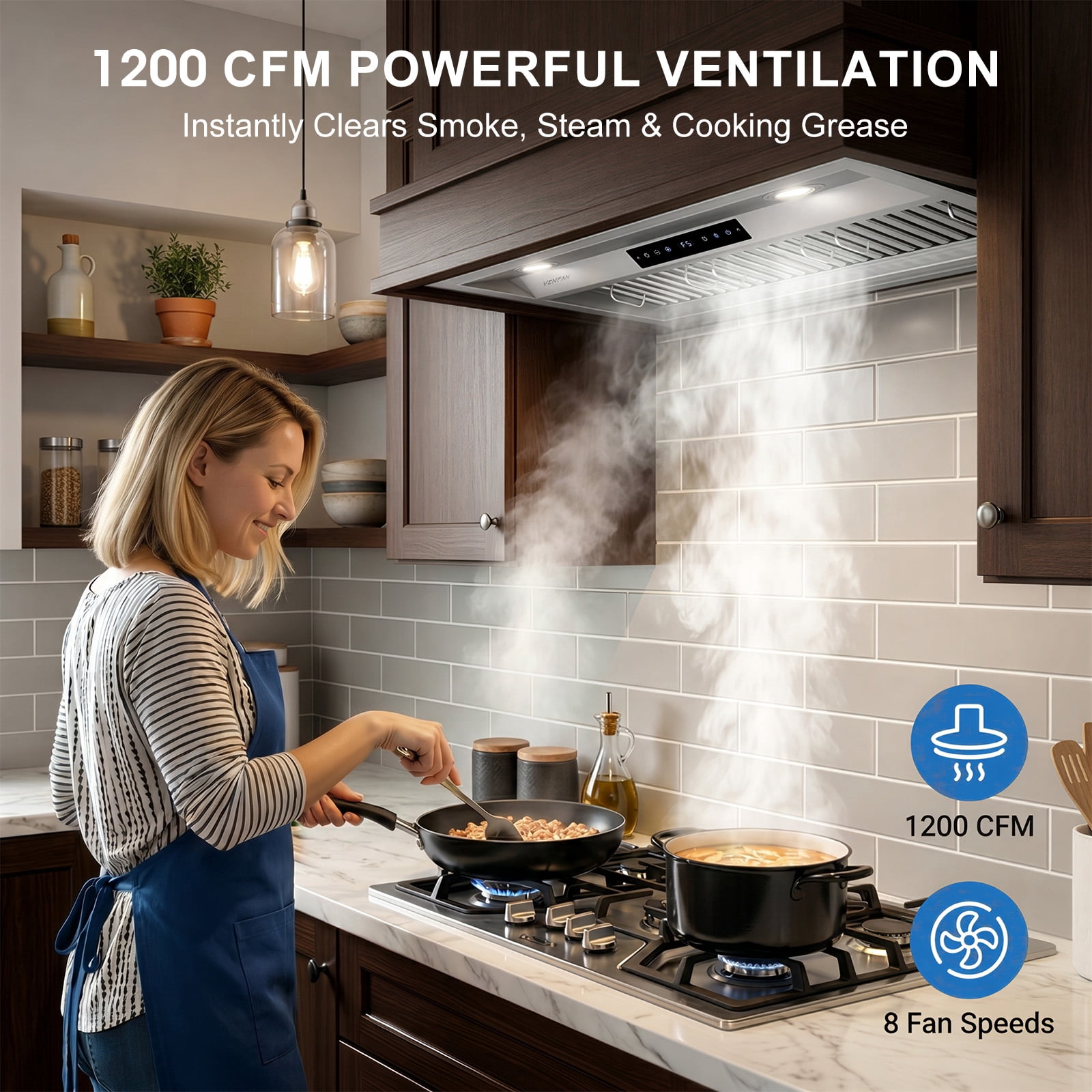 VENFAN 36 Inch Range Hood Insert , 1200 CFM Ultra Quiet Kitchen Vent Hood, Gesture & Touch Control, Ducted/Ductless Convertible, Stainless Steel with Memory Function