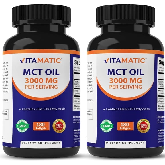 Vitamatic 2 Packs MCT Oil Capsules 3000 mg per Serving - 180 Softgels - from Coconut Oil - Contains 55% caprylic Acid C8 and 40% capric Acid C10 (Total 360 Softgel)
