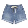 thumbnail image 6 of Qiopertar Women's Casual High Waist Loose Pocket Denim Shorts Solid Color Drawstring Jeans Pants Relaxed Fit Comfy Summer Beach Vacation, Blue XXL, 6 of 6