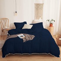 DNG Creations 1 Piece White Pom Pom Duvet Cover with Zipper Closure, 100% Egyptian Cotton, 800 Thread Cotton ( Full/Queen - Solid Navy Blue )