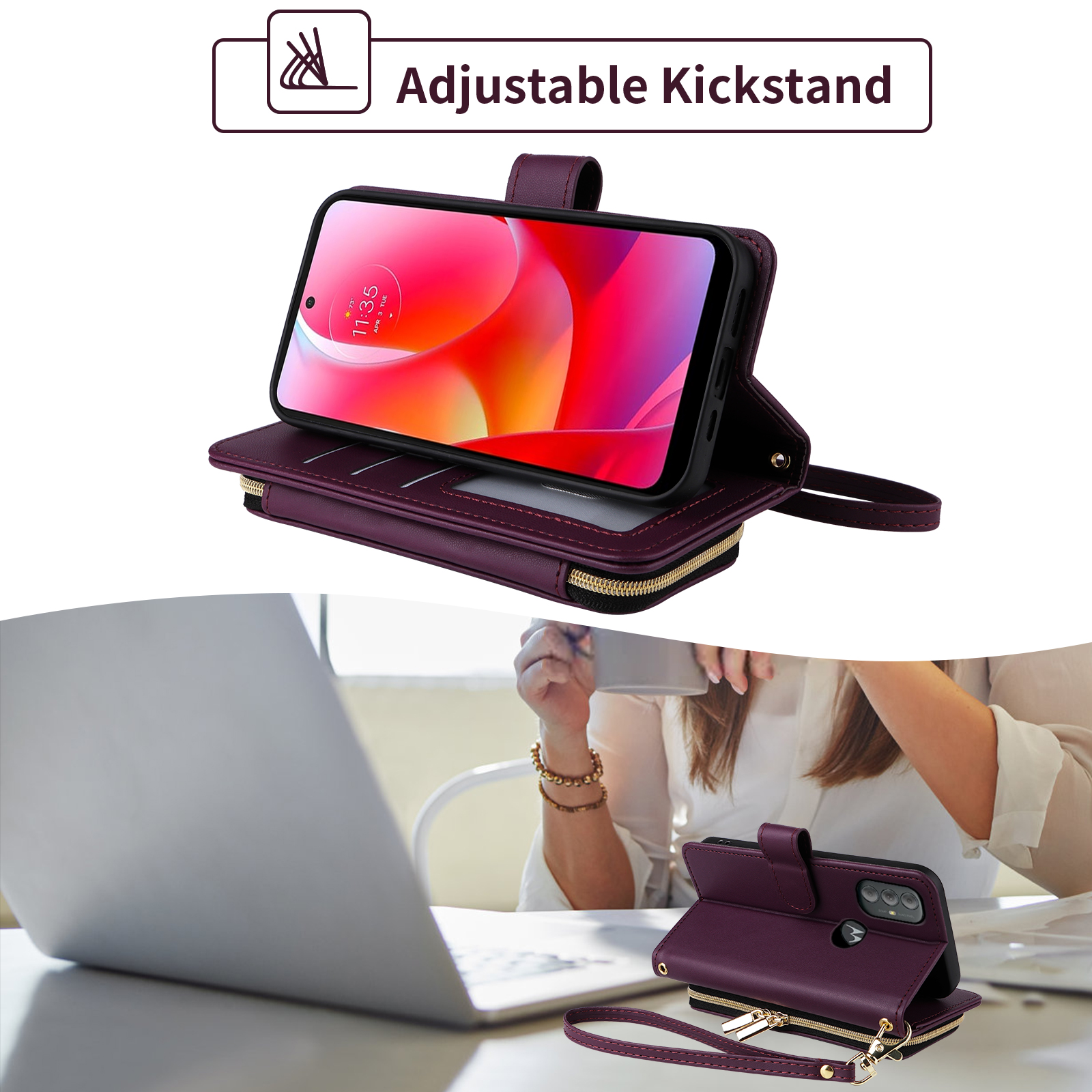 Furiet Argyle Wallet Case for Motorola Moto G Power 2022/MotoG Play 2023/G Pure 2021 with Wrist/Shoulder Strap Zipper Purse Slots Stand Phone Cover for XT2165DL XT2163DL XT2165-5 XT2271-5 Deep Purple