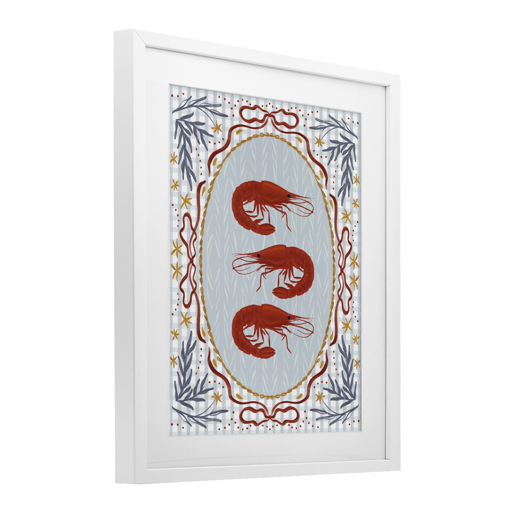 Stupell Industries Three Red Prawns on Gingham White Framed Print Under Glass, design by Vero Illustrates