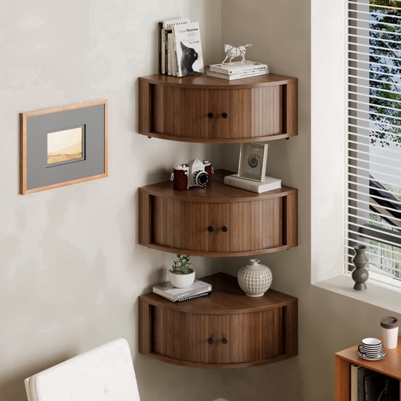 Corner Shelves Set of 3 Floating Corner Shelves Wall Cabinet with Sliding Doors for Living Room Bedroom Small Space
