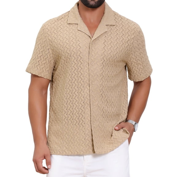 Men's Hollow Jacquard Shirt Camp Collar Short Sleeve Beach Texture Shirts M Khaki