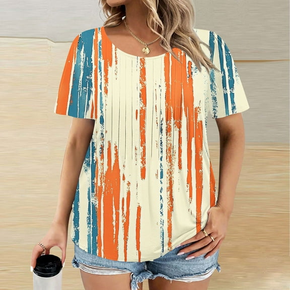 Gamivast Plus Size Womens Tops Crew Neck Loose Short Sleeve Blouse Stripe Print Drop Shoulder Casual Trendy Shirts Summer Everyday Outfits