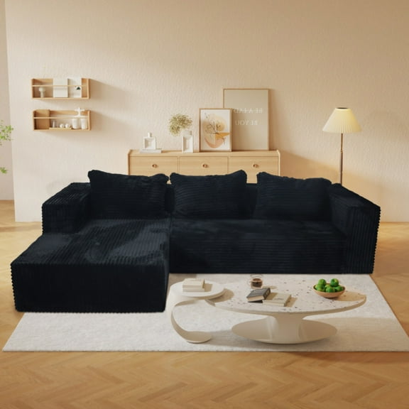 Cloud Couch Sectional with L-Shape Chaise, Modular Deep Seat Sofa, No Assembly Required Upholstered Couches for Living Room & Bedroom, Black Corduroy