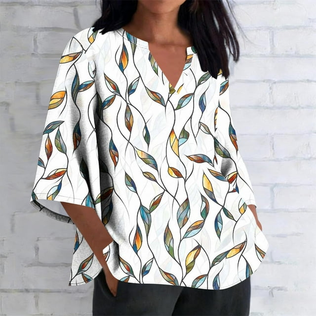 Xuyuer Women's 3/4 Length Sleeve Tops V Neck Casual Vacation Loose Fit S-5XL Ruffle Cuffs Shirts Dressy Flowy Tunic Tops Hawaiian Shirts Summer Floral Printed Shirt Casual Soft Tunic Tops