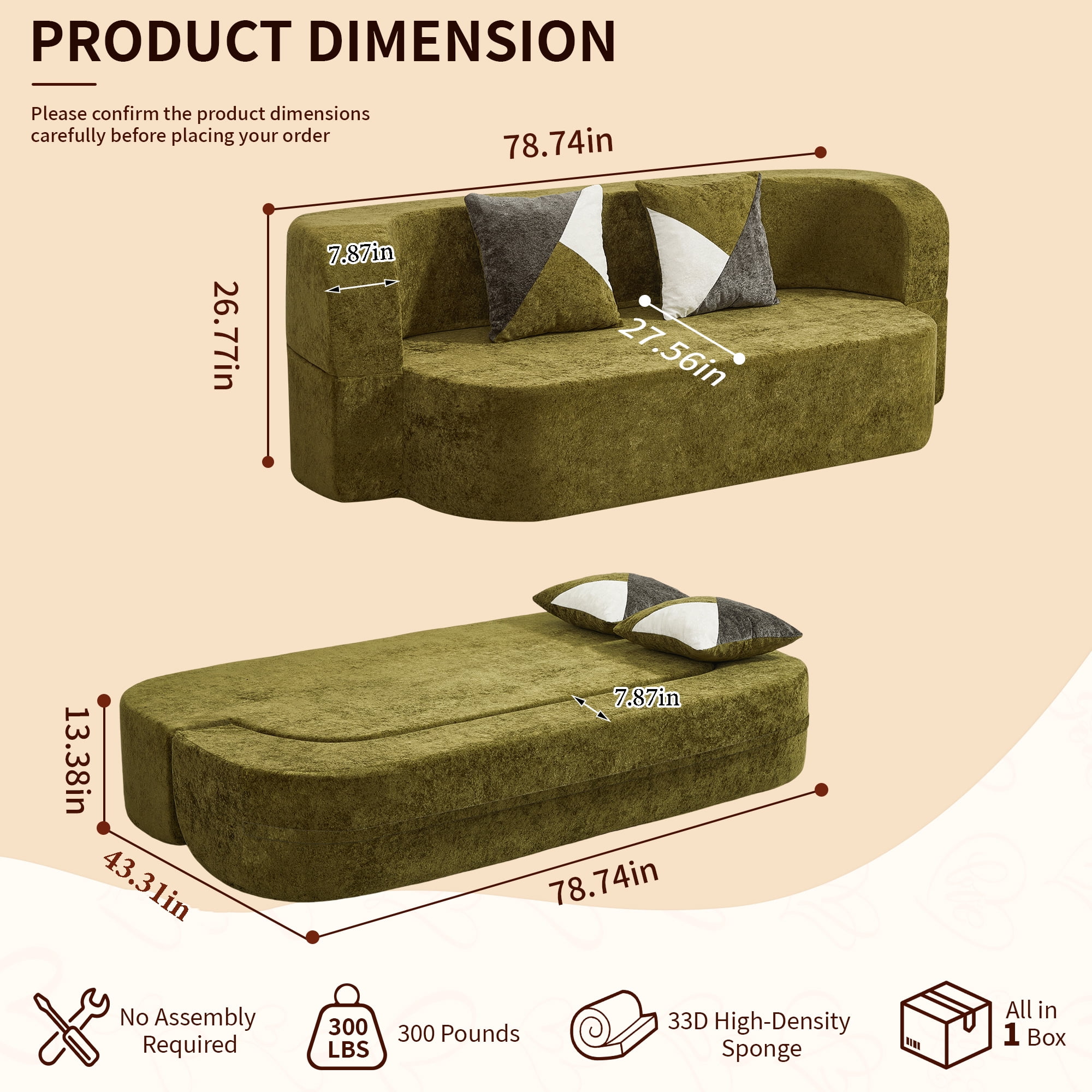 78.74"W Eggshell Convertible Sofa,Floor Couch,Sleeper Sofa Bed,No Assembly High-Density Sponge Loveseat with 2 Pillows for Living Room, Apartment,Small Spaces,Olive Green