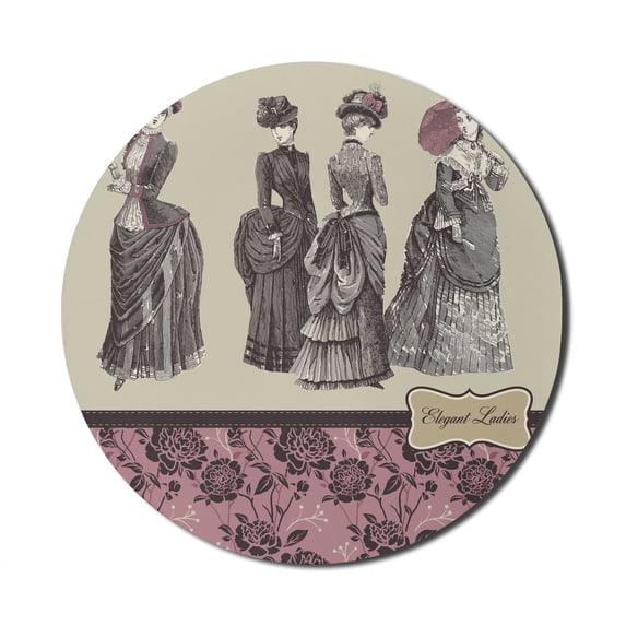 Victorian Mouse Pad for Computers, Ladies Clothes Fashion History Dress Handbag Feather Gloves Floral Design Print, Round Non-Slip Thick Rubber Modern Mousepad, 8" Round, Grey Rose, by Ambesonne