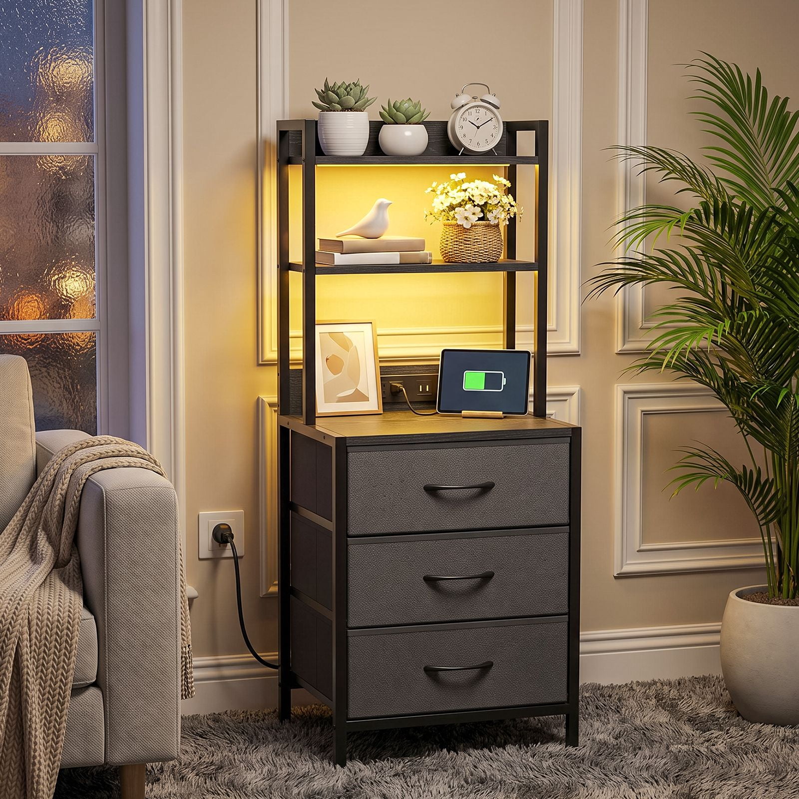 3-Drawer Nightstand with Charging Station and LED Light, Fabric Storage Dresser with 2-Tier Open Shelf, Wood Grain Bedside Table with Power Outlet and USB Ports