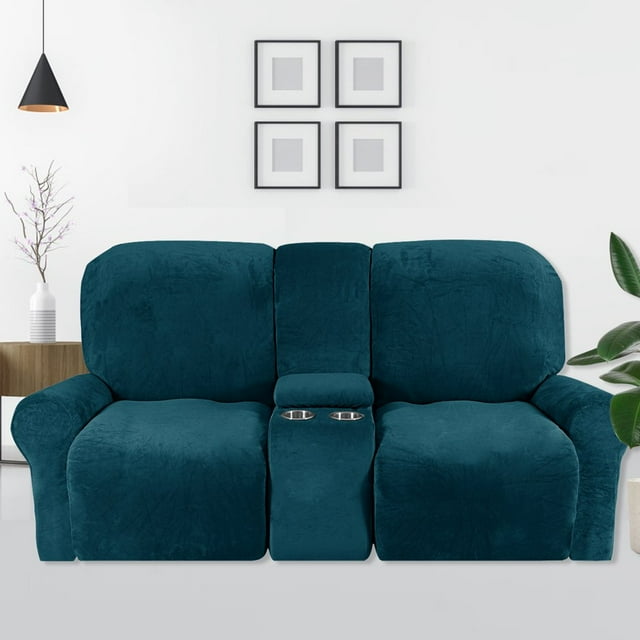 CHOK 2024 Housse pour Causeuse Inclinable avec Housse pour Console Centrale Housse de Canapé Inclinable 8 Pcs en Velours Extensible 2 Places Bleu Paon