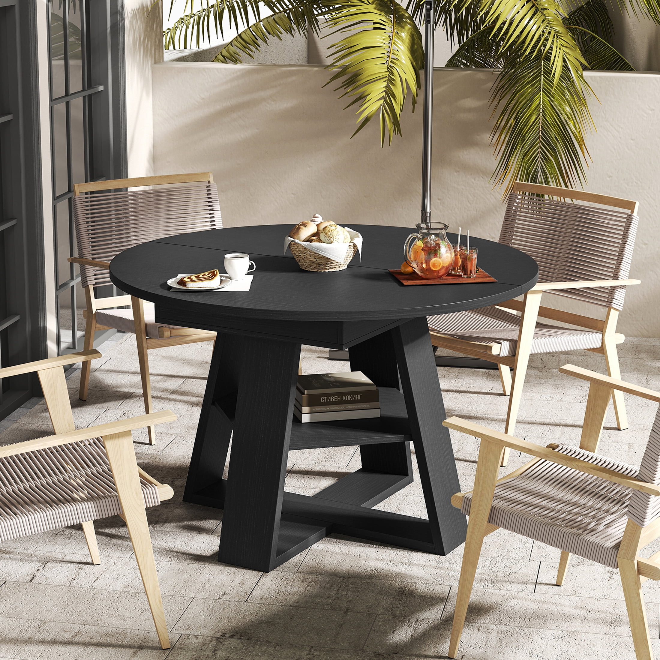 Hawsaiy 43.3-59 in Extendable Oval Dining Table for 4-6, Space-Saving Round Kitchen Table with Hidden Leaf Storage & Bottom Shelf for Small Space, Black