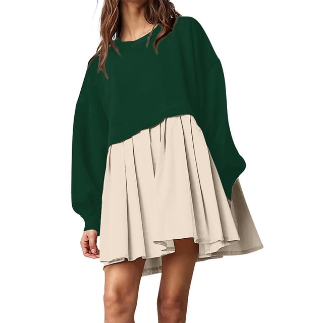 Womens Oversized Sweatshirt Dress Long Flowy Patchwork Pullover Tops Cute Drop Shoulder Sweatshirts Fall Long Sleeve Mini Dress Teen Girls Crewneck Solid Tunic Pleated Loose Clothing Beig