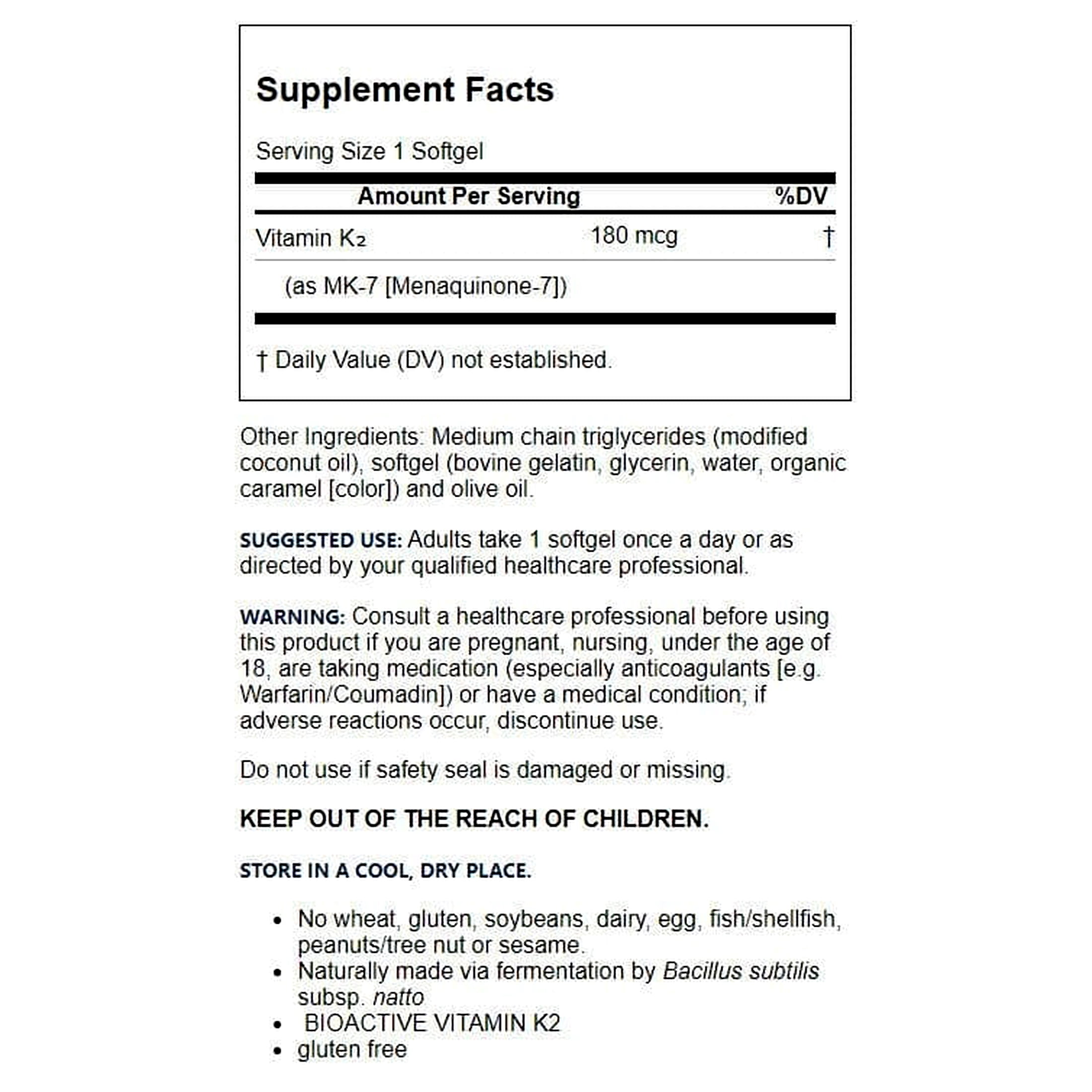 Jarrow Formulas MK-7 180 mcg - Bioactive Form of Vitamin K2-30 Servings (Softgels) - for Bone & Cardiovascular Health - Vitamin K2 MK-7 Dietary Supplement - Gluten Free