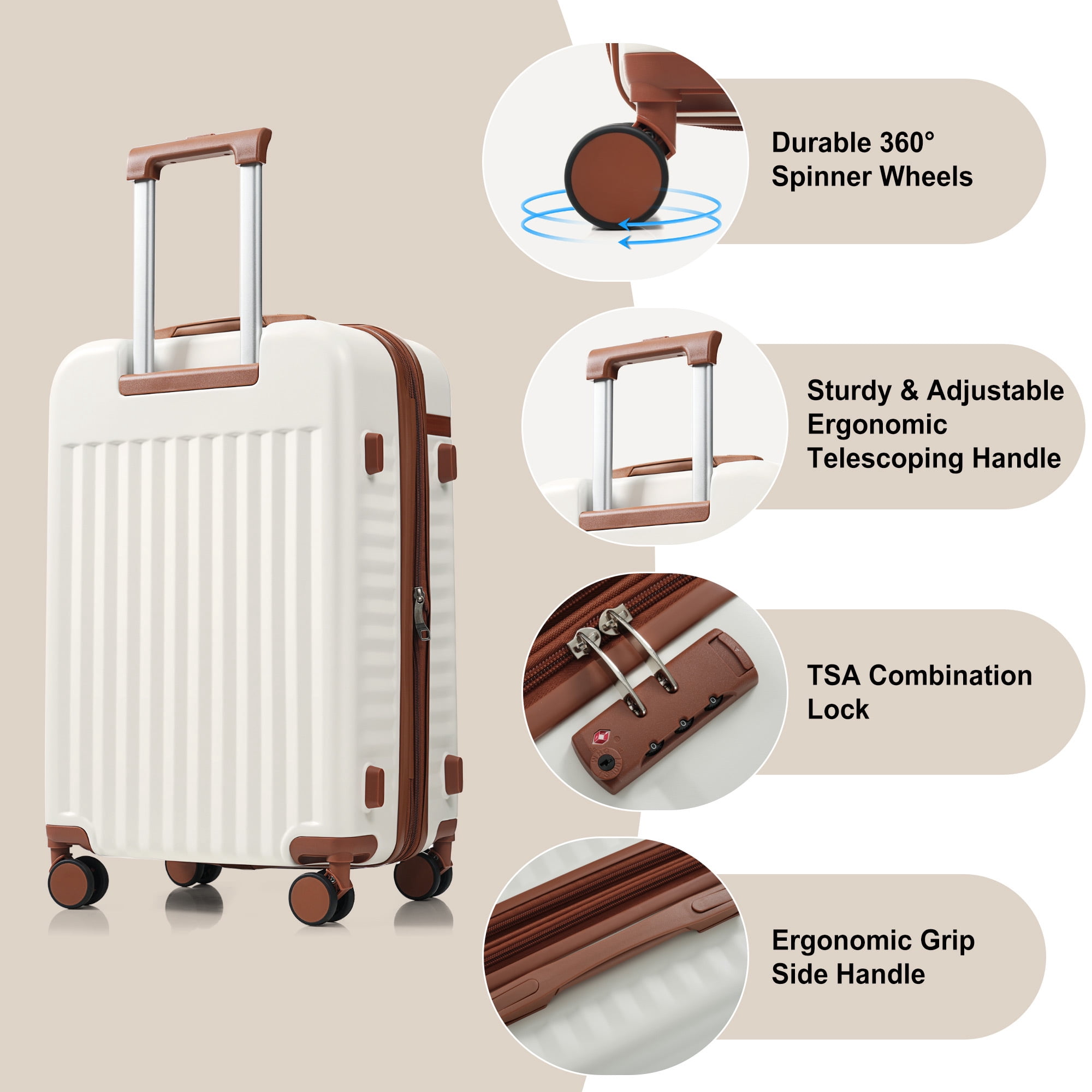 Euroco 3 Piece Front Opening Luggage Set, Hardshell Expandable Carry on Suitcase with Spinner Wheels,USB Port & TSA Lock, Lightweight Luggage for Travel,20in/24in/28in,White