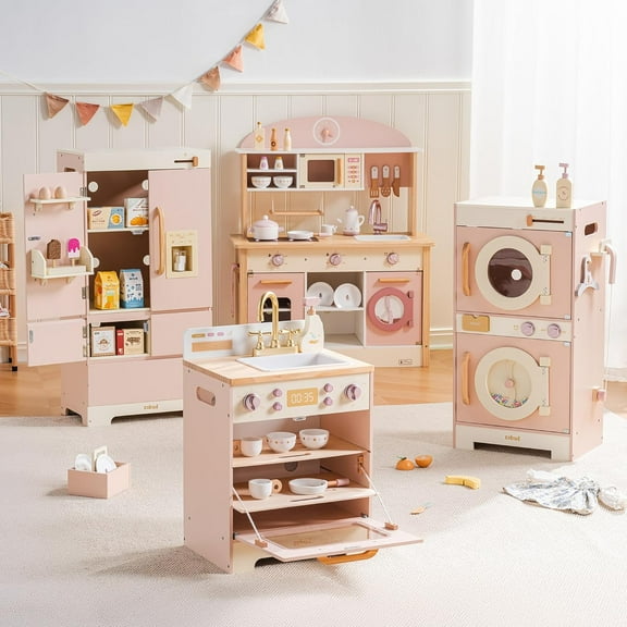 Robud 4 Groups Wooden Play Kitchen, Kids Kitchen Playset, Toy Kitchen Set with Fridge, Washing Machine, Dishwasher Toddlers Kitchen Playset, Gift for Boys Girls, Pink
