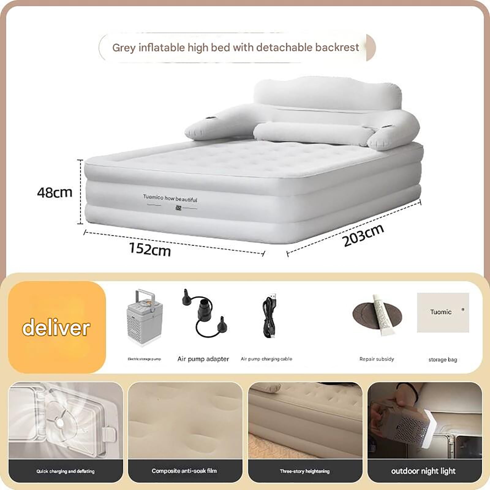 PUEDO Air Mattress, Inflatable Airbed with Built-in Pump for Guest Home Camping Travel, Queen size, White