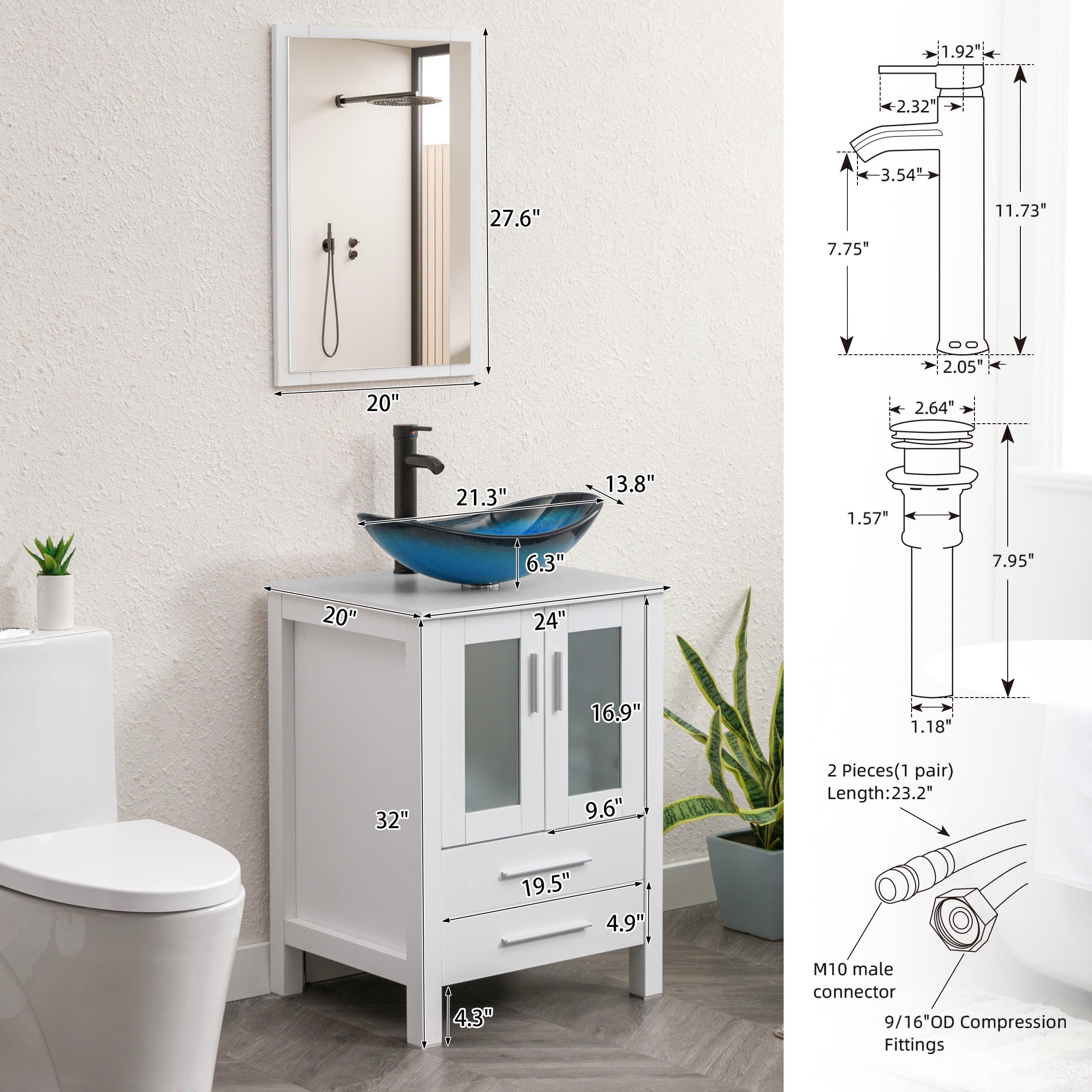 Eclife Bathroom Vessel Sink Set, Blue Glass Boat Basin Bowl with Oil Rubbed Bronze Faucet Chrome Pop-up Drain