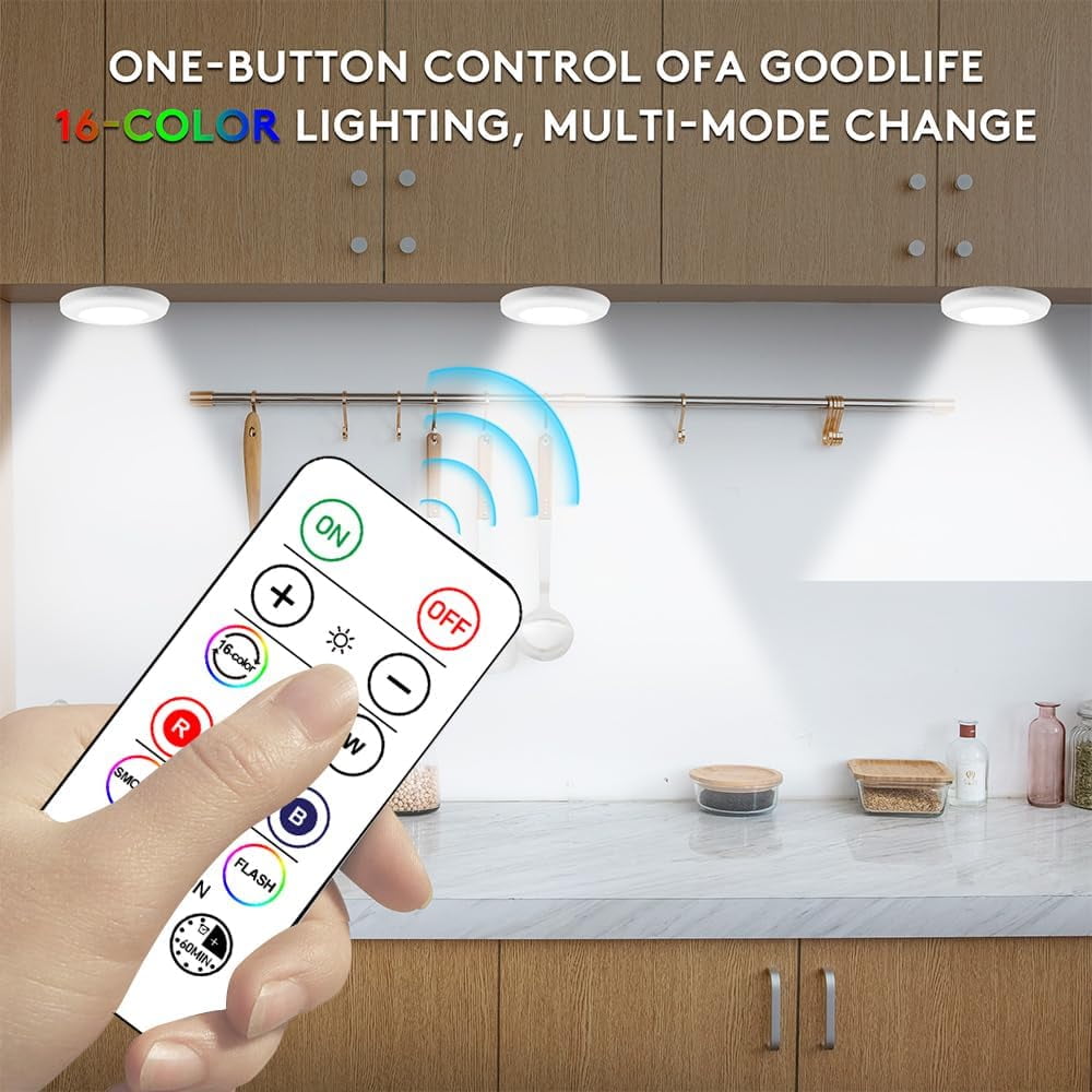 JJEAN-Wireless 16 Color Changing LED Puck Light 6 Pack LED Under Cabinet Lighting Closet Light Battery Powered Night Lights with Remote Control Dimmer & Timing Function