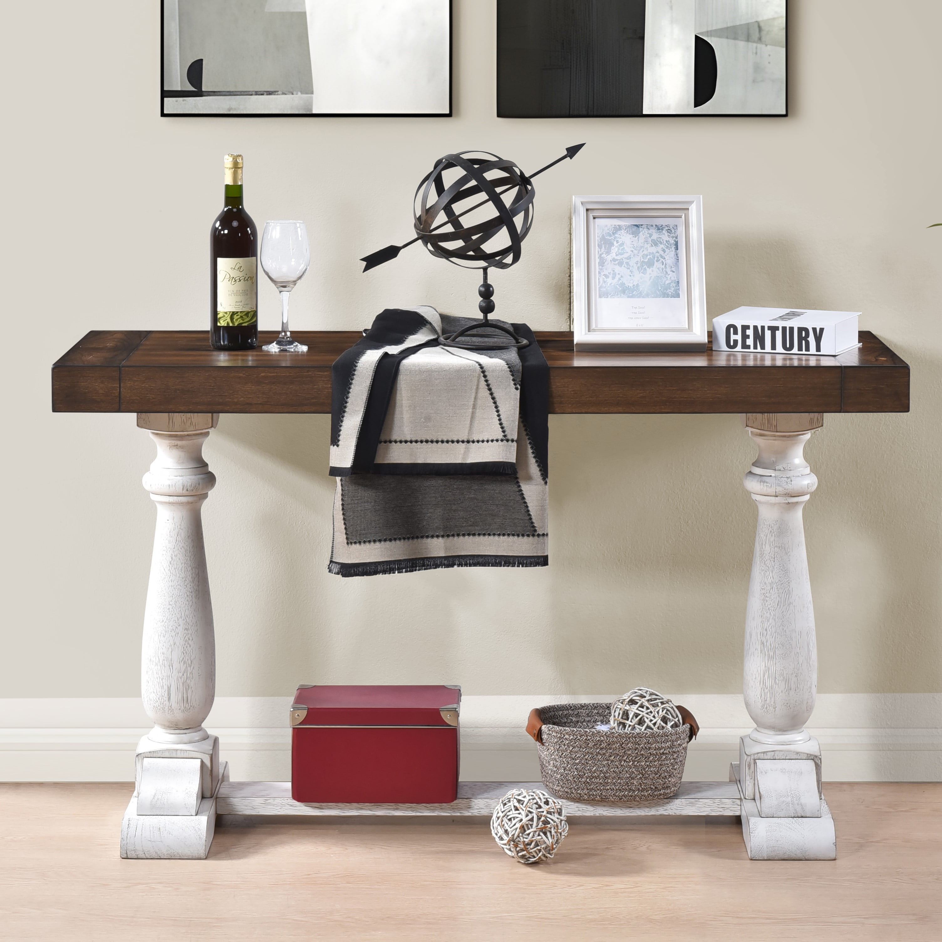 Lisonu Farmhouse Console Table with Storage Shelf, 50.2 Inch Solid Wood Sofa Table with Pedestal Legs, Entryway Table for Living Room, Antique White & Dark Oak