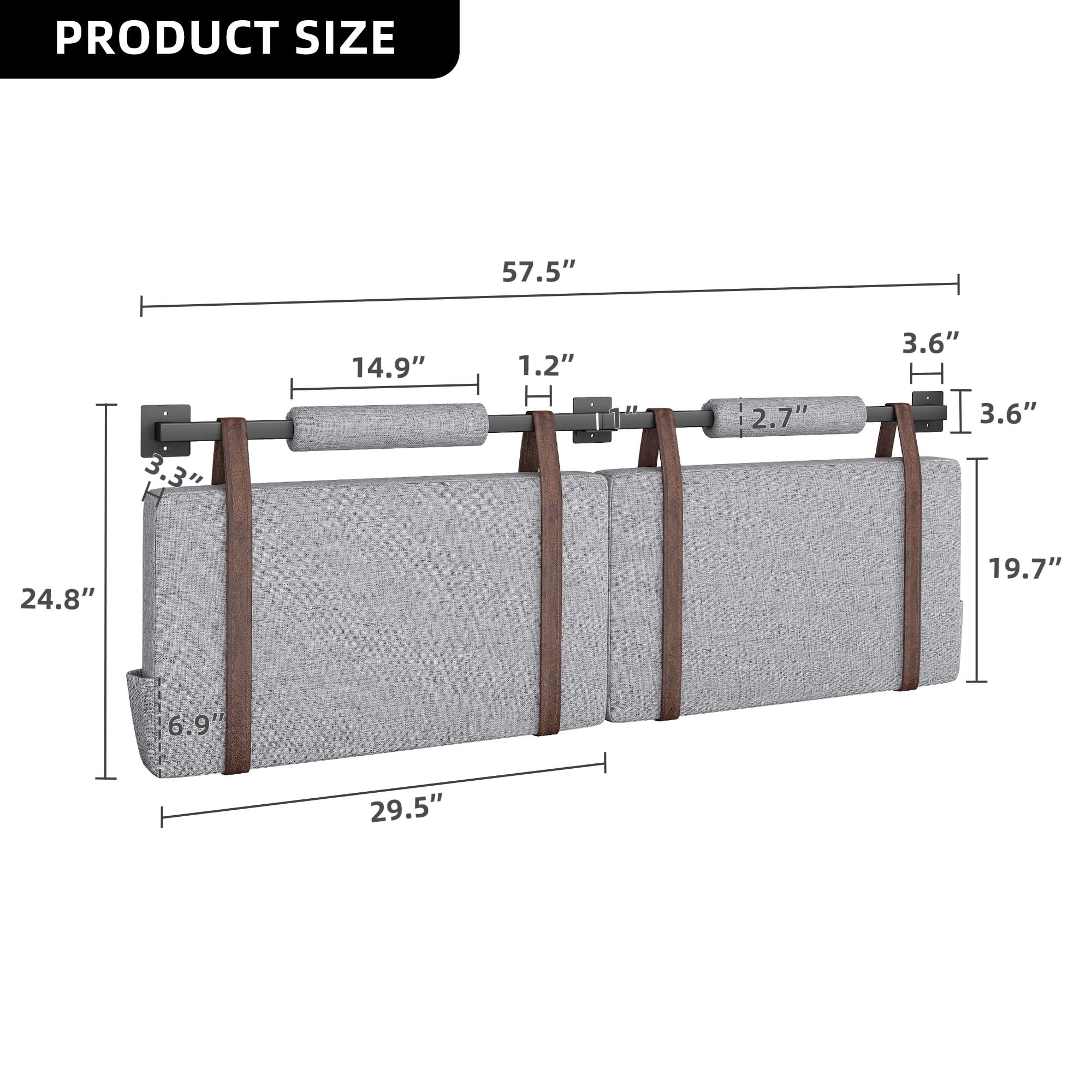 Dextrus Wall-Mounted Queen Upholstered Headboard, Linen Full Hanging Headboard with Side Pockets, Gray