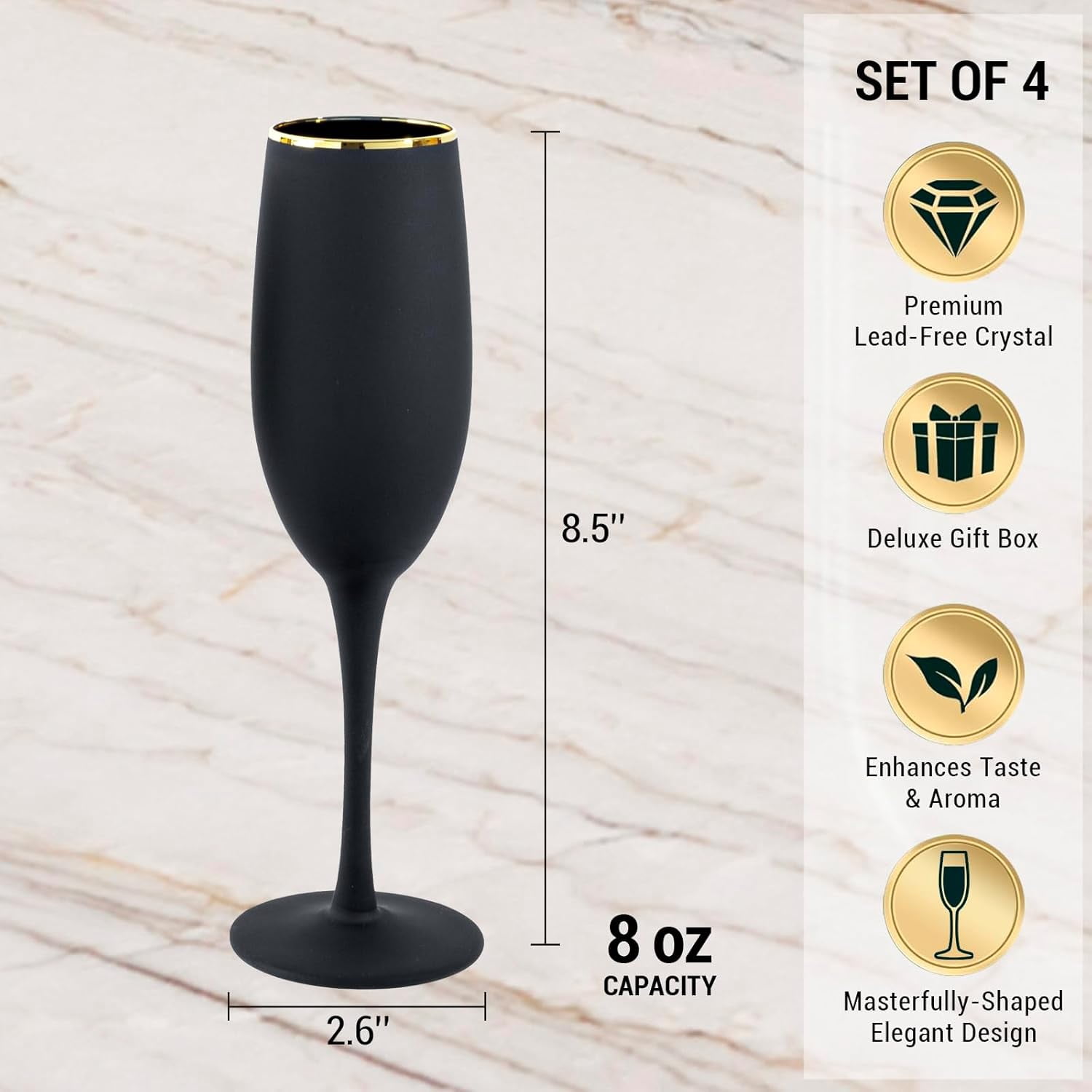 MyGift Set of 4 Black Champagne Flutes 8 oz Modern Stemmed Cocktail Glasses for Mimosas Sparkling Wine Wedding Party New Year Toasting Elegant Barware Gift Set